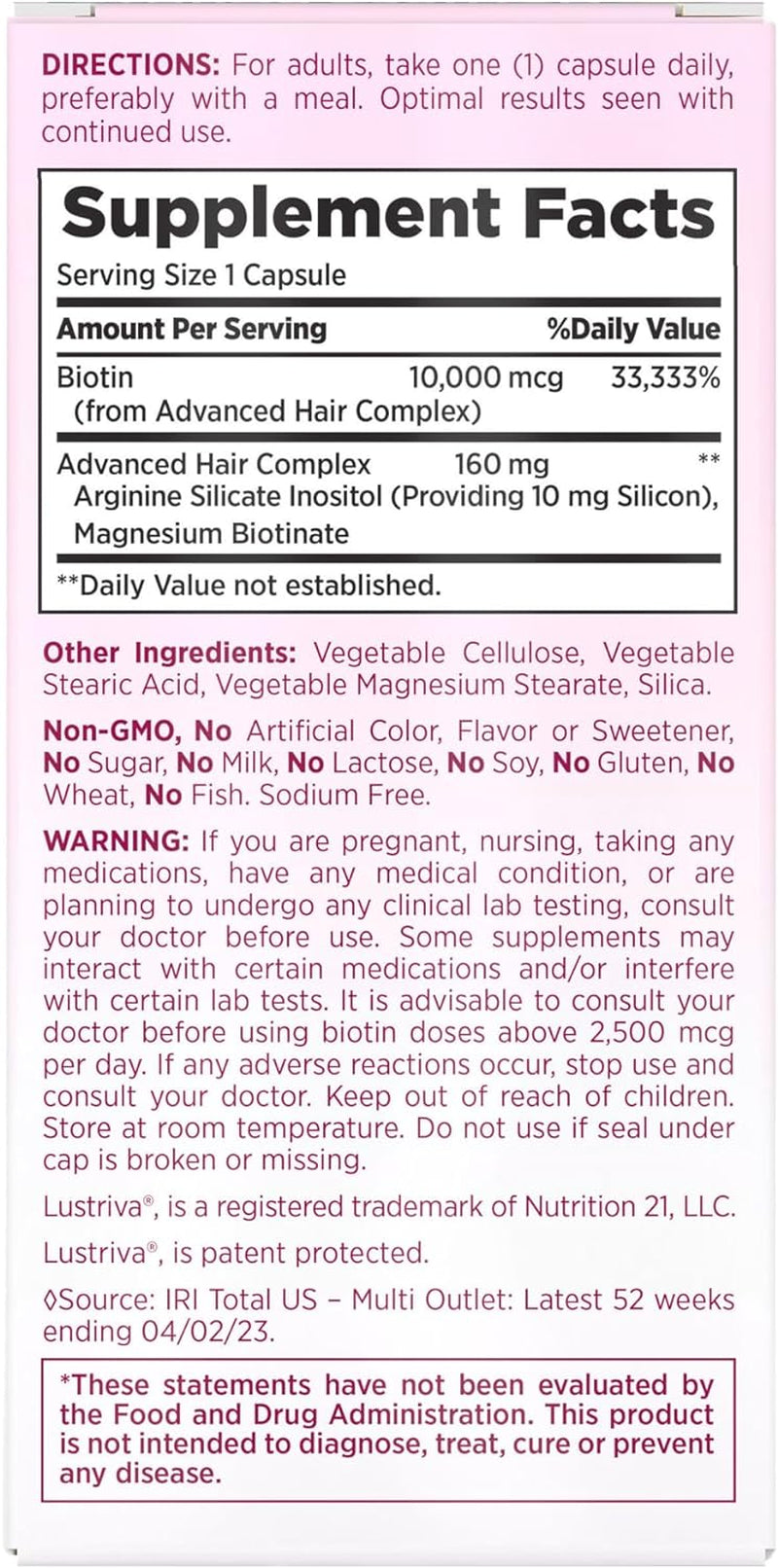 Nature's Bounty Optimal Solutions Hair Growth Supplement with Biotin, Hair Growth Vitamins with Biotin Silicon & Arginine, 1 per Day, 30 Capsules, One Month Supply