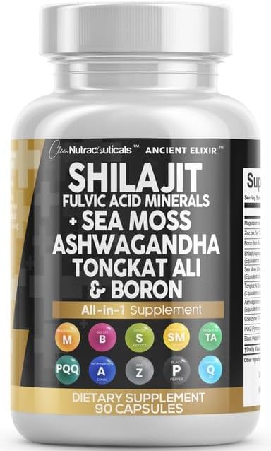 Shilajit Supplement for Men with Sea Moss, Tongkat Ali, Ashwagandha, Boron, Zinc, Coq10, PQQ - Fulvic Acid Capsules - Energy Support - 90 Count - Resin, Gummy & Powder Alternative