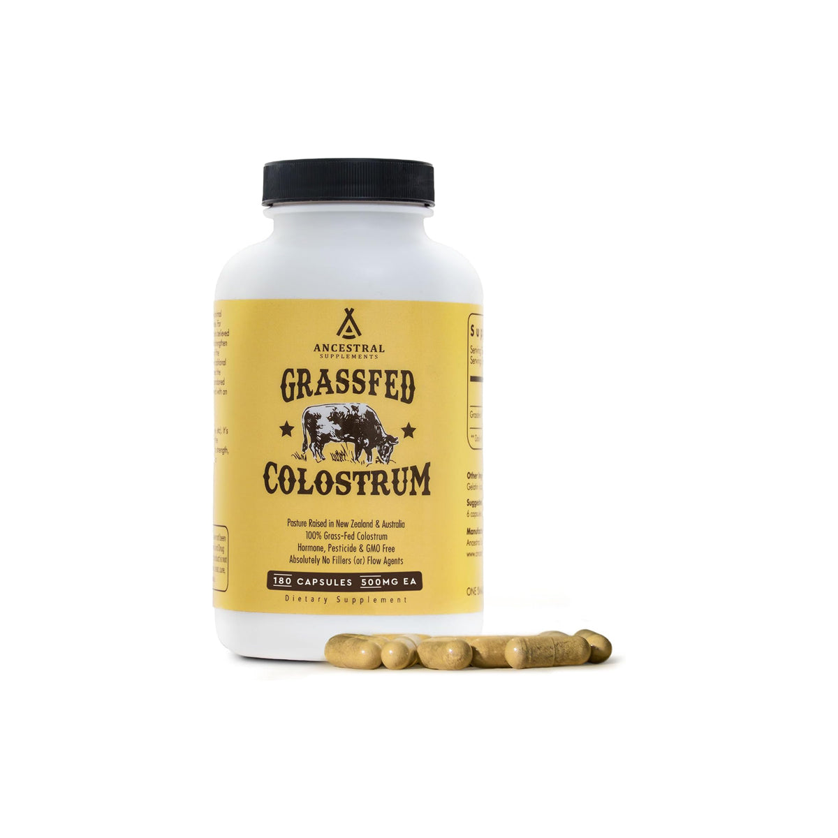 Ancestral  Grass Fed Beef Colostrum Supplement, 3000 Mg, Offers Immune Support and Promotes Gut Health, Athletic Performance, Healthy Iron Levels, Growth and Repair, Non GMO, 180 Capsules