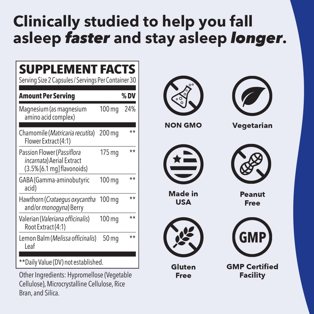 Rest-Zzz Melatonin Free - Sleep Support Supplement - Calms Nervous System - Eases Restlessness & Nerve-Related Sleeplessness - Magnesium GABA & Chamomile - 60 Capsules