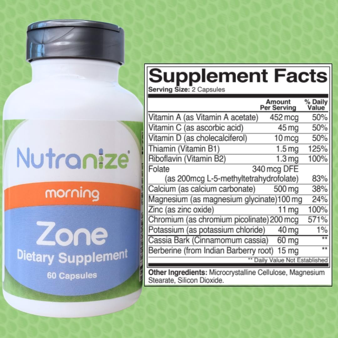 Nutranize  Zone Calcium Supplement, Magnesium Glycinate, Vitamin D3, K2 MK7, Methylfolate, Berberine, Chromium Picolinate, Cinnamon, Melatonin (60 Count of Both Bottles)