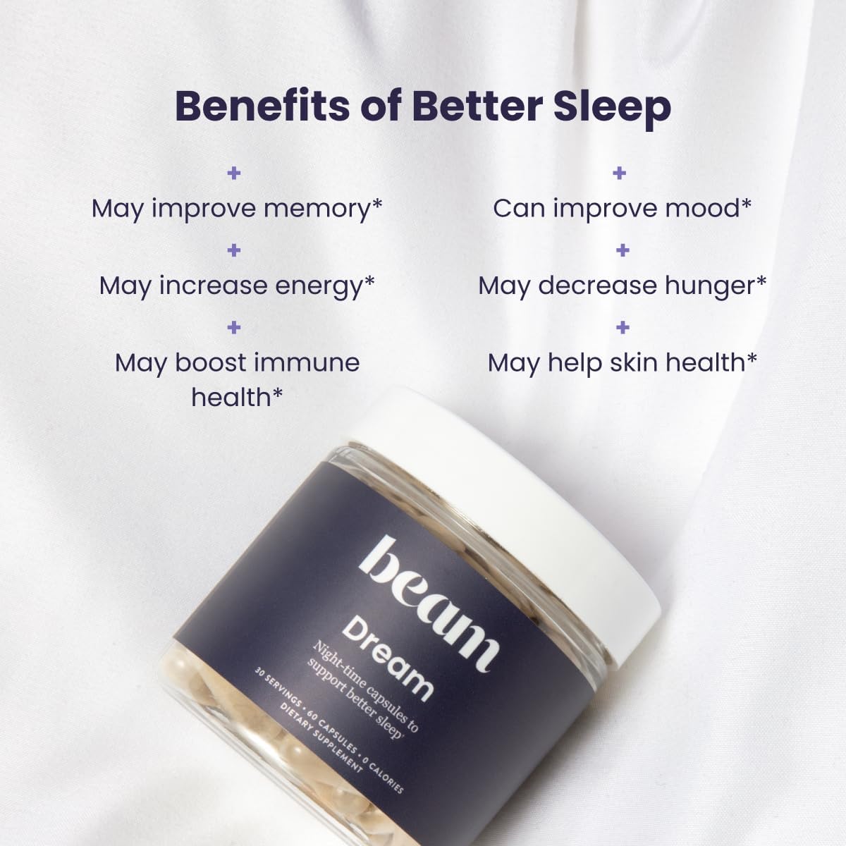 Beam Dream Sleep Capsules, Sleep Supplement, Sleep Aids for Adults, Contains Magnesium, Melatonin, L Theanine, Apigenin, Natural Sleep Aid, Vegan, Non GMO, Dairy Free, 3Rd Party Tested, 30 Servings