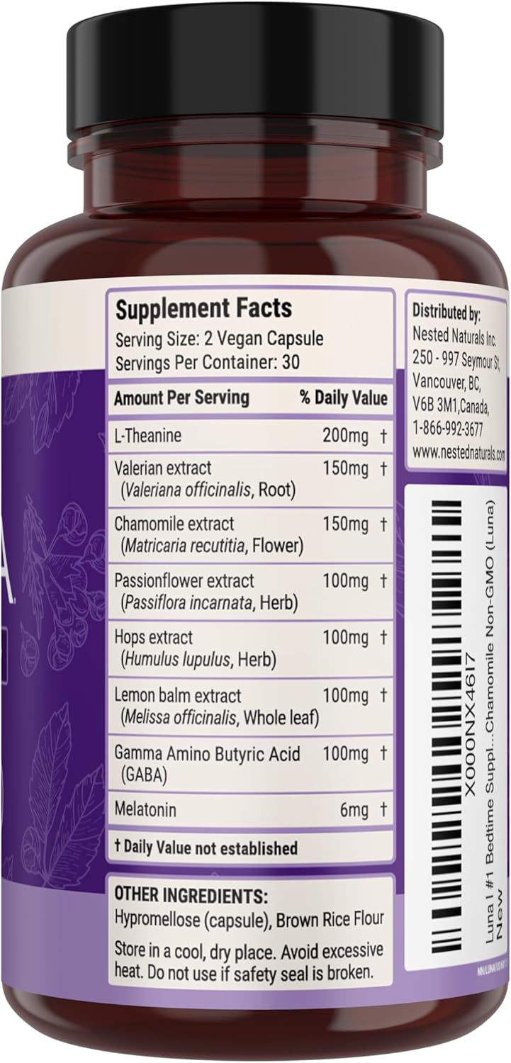 Luna Sleep Aid - Non-Habit Forming Natural Sleeping Pills for Adults with Naturally Sourced Ingredients - Valerian Root, Melatonin, Chamomile, Lemon Balm, and More - 60 Vegan Capsules
