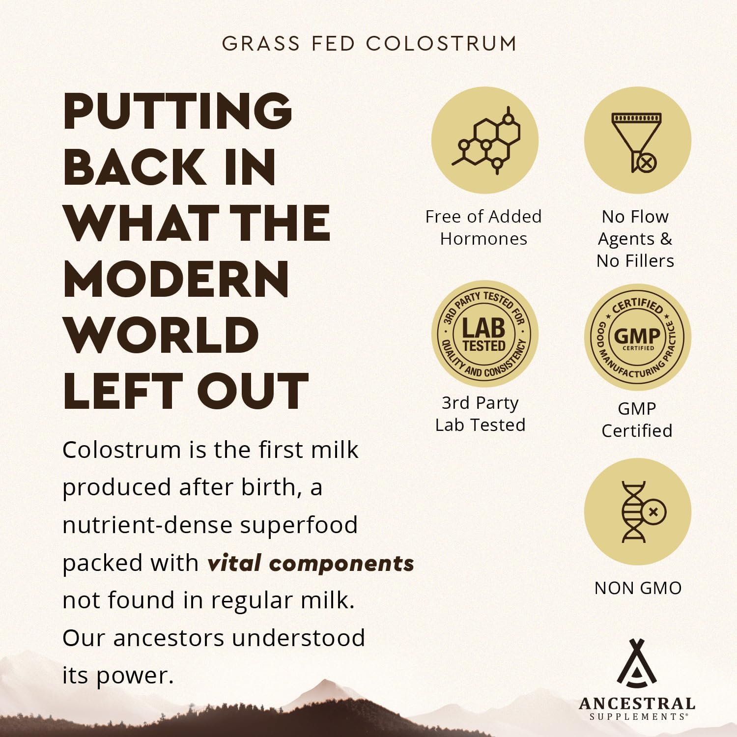 Ancestral  Grass Fed Beef Colostrum Supplement, 3000 Mg, Offers Immune Support and Promotes Gut Health, Athletic Performance, Healthy Iron Levels, Growth and Repair, Non GMO, 180 Capsules
