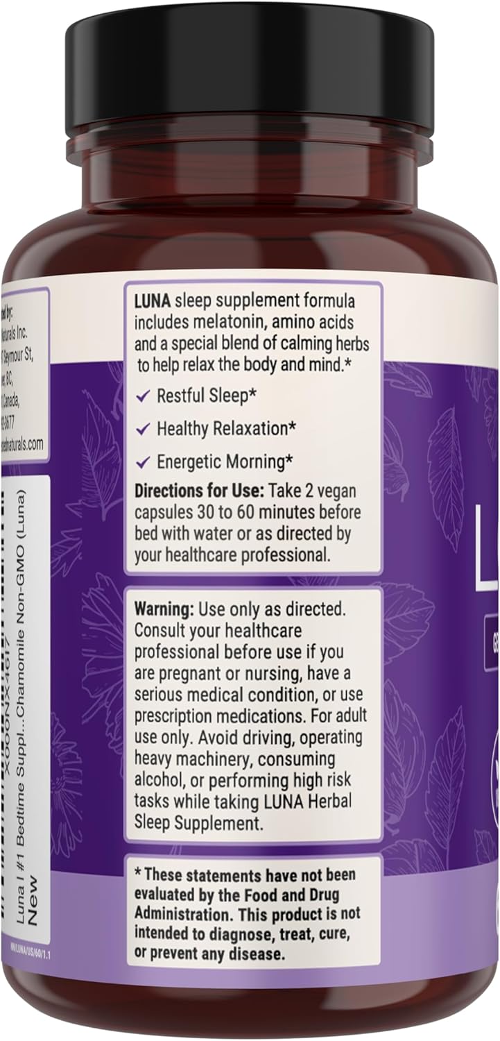 Luna Sleep Aid - Non-Habit Forming Natural Sleeping Pills for Adults with Naturally Sourced Ingredients - Valerian Root, Melatonin, Chamomile, Lemon Balm, and More - 60 Vegan Capsules