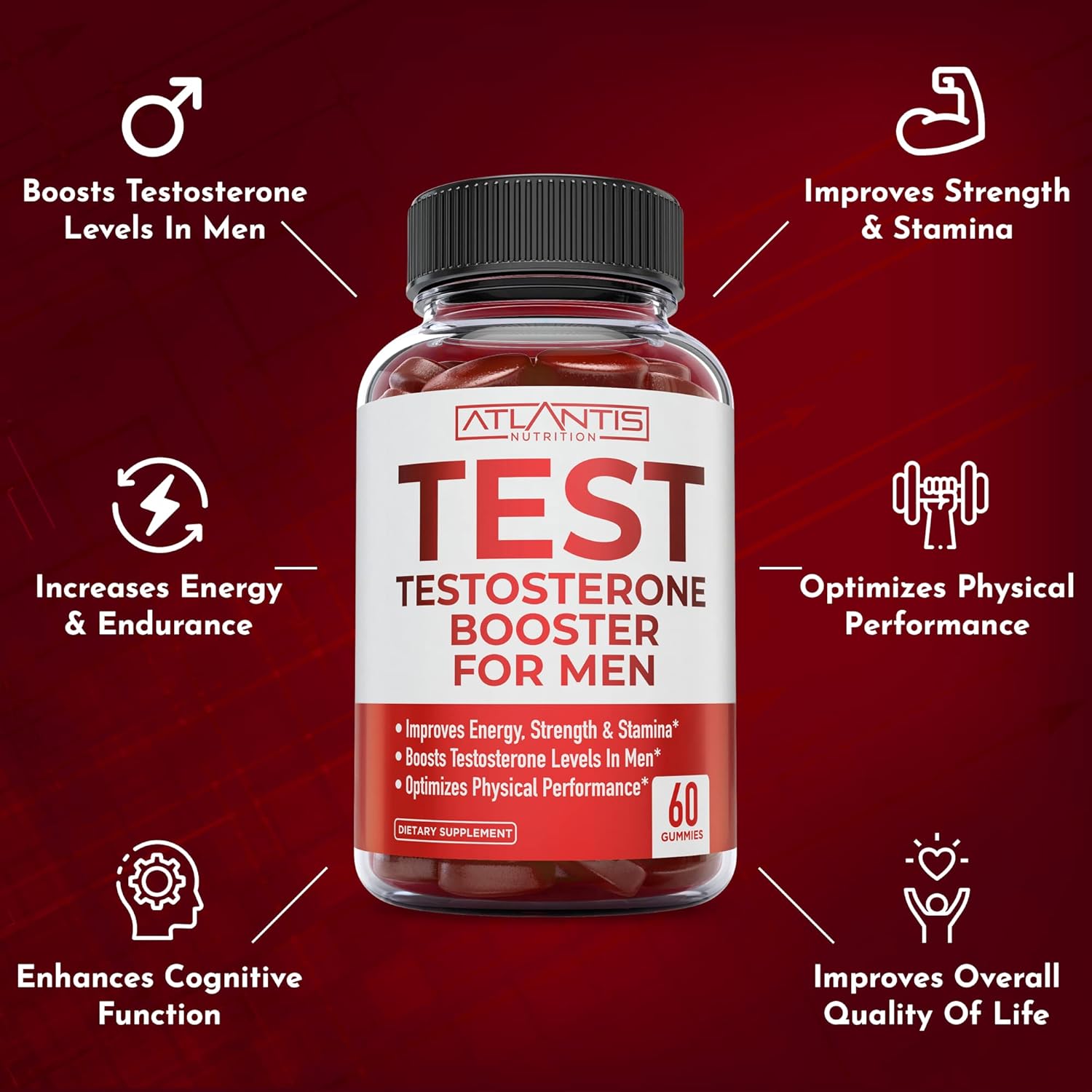 Testosterone Booster for Men Gummies - Male Enhancement, Boosts Energy, & Optimizes Physical Performance Formulated W/Tribulus, Horny Goat Weed, Saw Palmetto, Maca Root - 60 Gummies