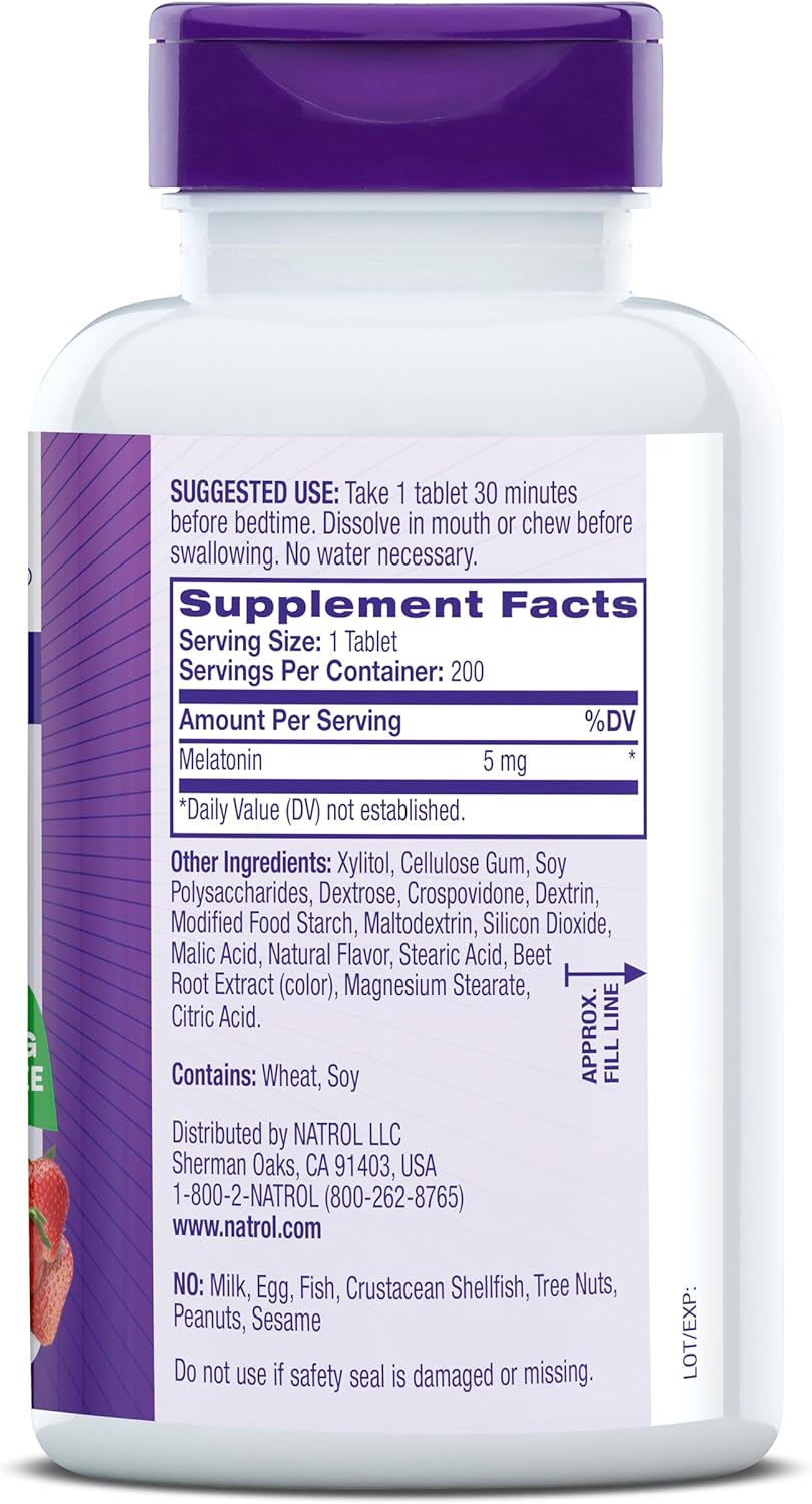 Natrol  Melatonin 5Mg Fast Dissolve Tablets, Sleep Support Supplements for Adults, Strawberry Flavor, 200 Tablets, up to 200 Day Supply