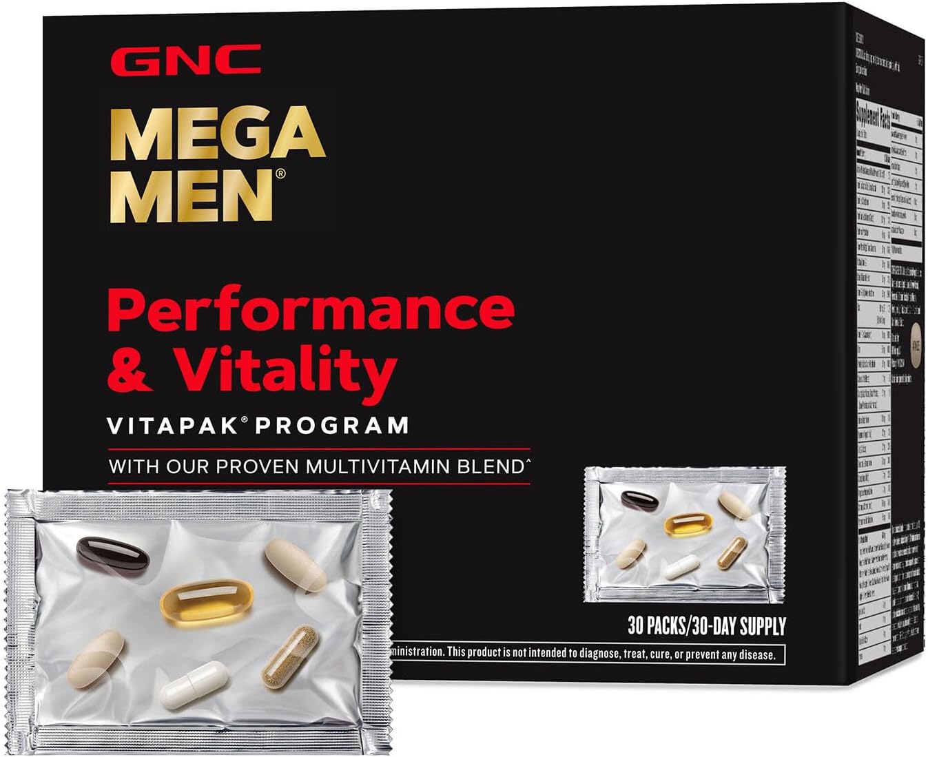 GNC  Mega Men Performance and Vitality Vitapak Program, Convenient Complete Nutrition, 5 Products in 1 Packet, Circulation, Blood Flow, Prostate Health, Sexual Function, Horny Goat Weed, 30 Packs
