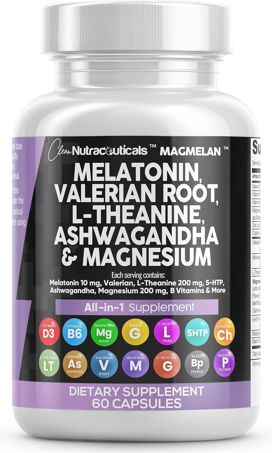 Melatonin 10Mg Valerian Root L Theanine 200Mg Ashwagandha - Sleep Support for Women & Men with Magnesium Complex, Lemon Balm, Chamomile, & Passion Flower - 60 Caps