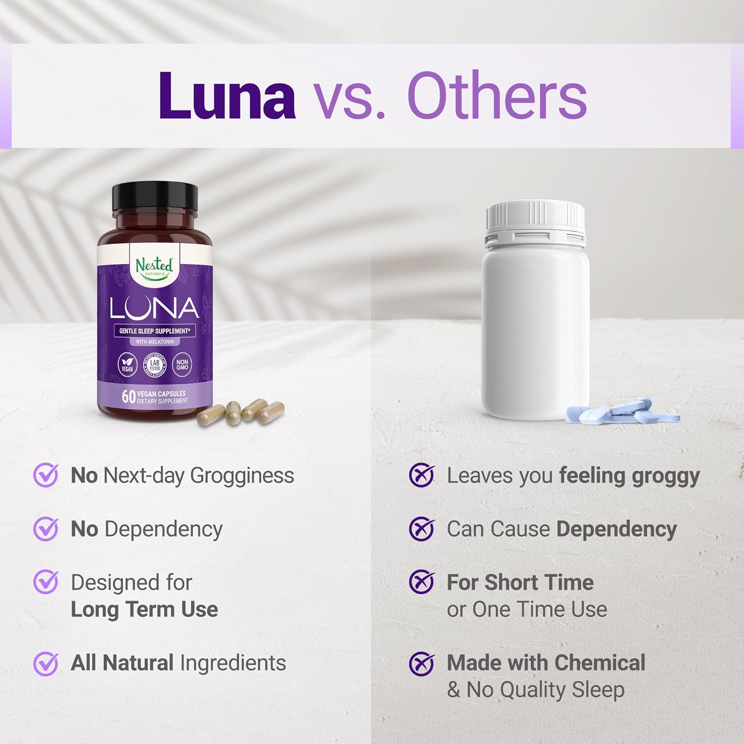 Luna Sleep Aid - Non-Habit Forming Natural Sleeping Pills for Adults with Naturally Sourced Ingredients - Valerian Root, Melatonin, Chamomile, Lemon Balm, and More - 60 Vegan Capsules