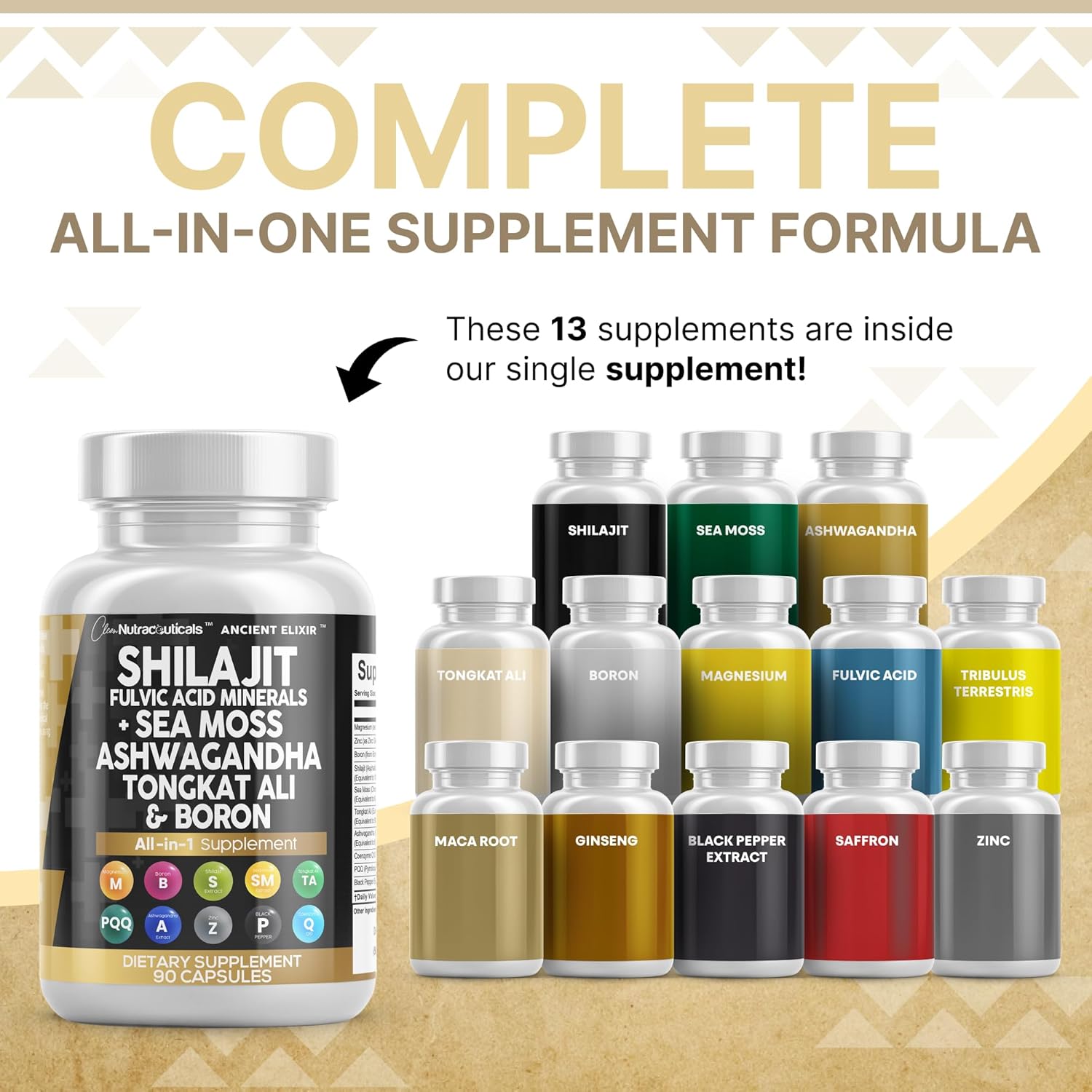 Shilajit Supplement for Men with Sea Moss, Tongkat Ali, Ashwagandha, Boron, Zinc, Coq10, PQQ - Fulvic Acid Capsules - Energy Support - 90 Count - Resin, Gummy & Powder Alternative