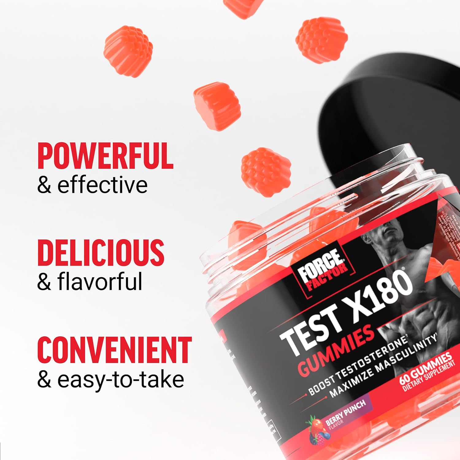Test X180 Gummies Testosterone Booster for Men with Tongkat Ali, Horny Goat Weed, Tribulus Terrestris, Fenugreek, & Black Maca, Supplement Men, Berry Punch, 60 Gummies, 1-Pack