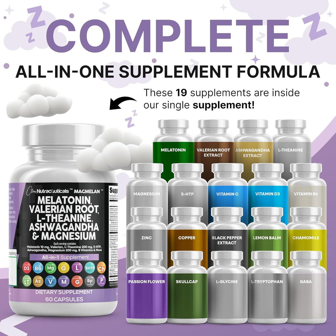 Melatonin 10Mg Valerian Root L Theanine 200Mg Ashwagandha - Sleep Support for Women & Men with Magnesium Complex, Lemon Balm, Chamomile, & Passion Flower - 60 Caps