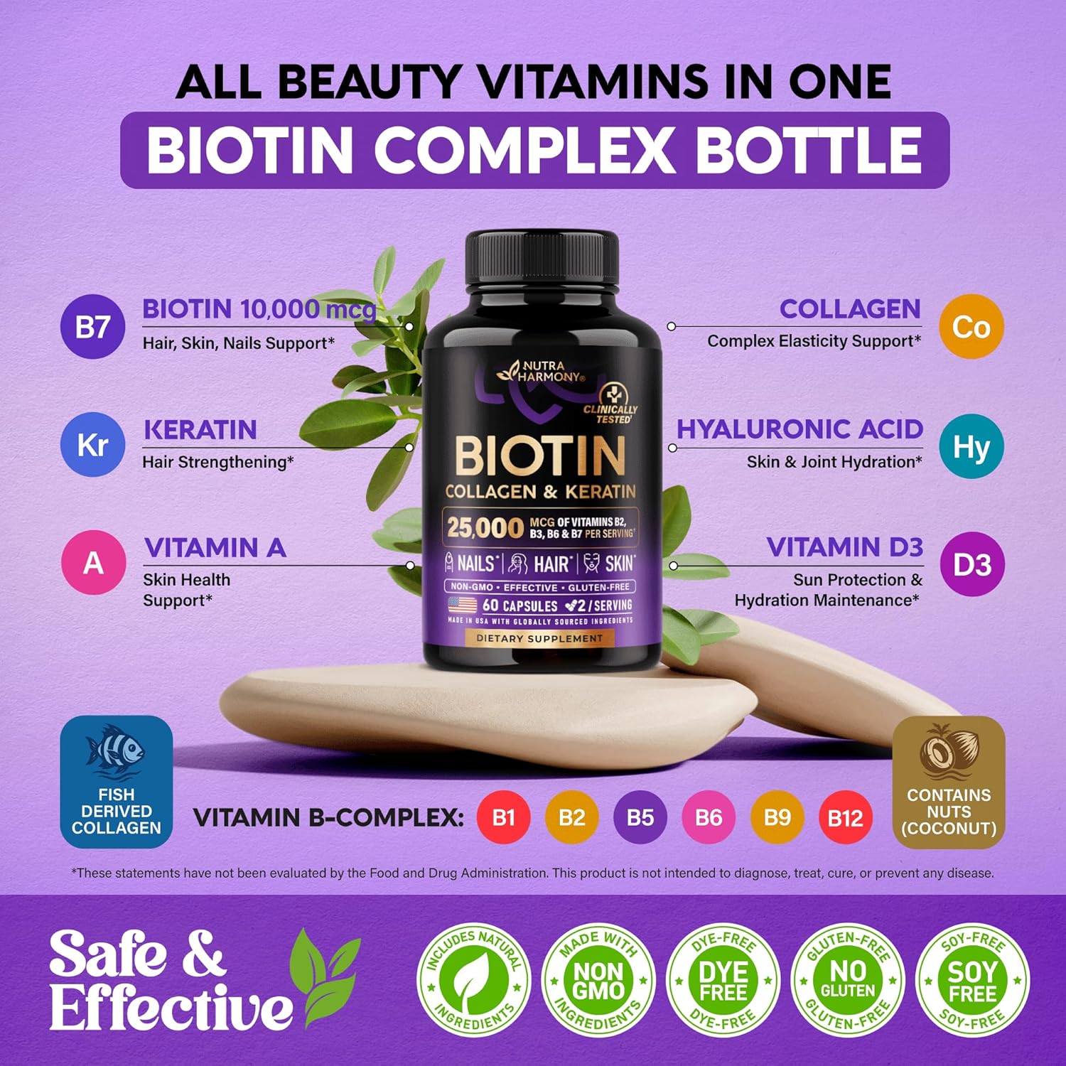 Biotin | Collagen | Keratin - Clinically Tested Supplement - Hair Growth Support, Skin & Nails - 25000 Mcg Vitamins B2, B3, B6 & B7 + B1 & Hyaluronic Acid - Made in USA - Women & Men | 60 Capsules