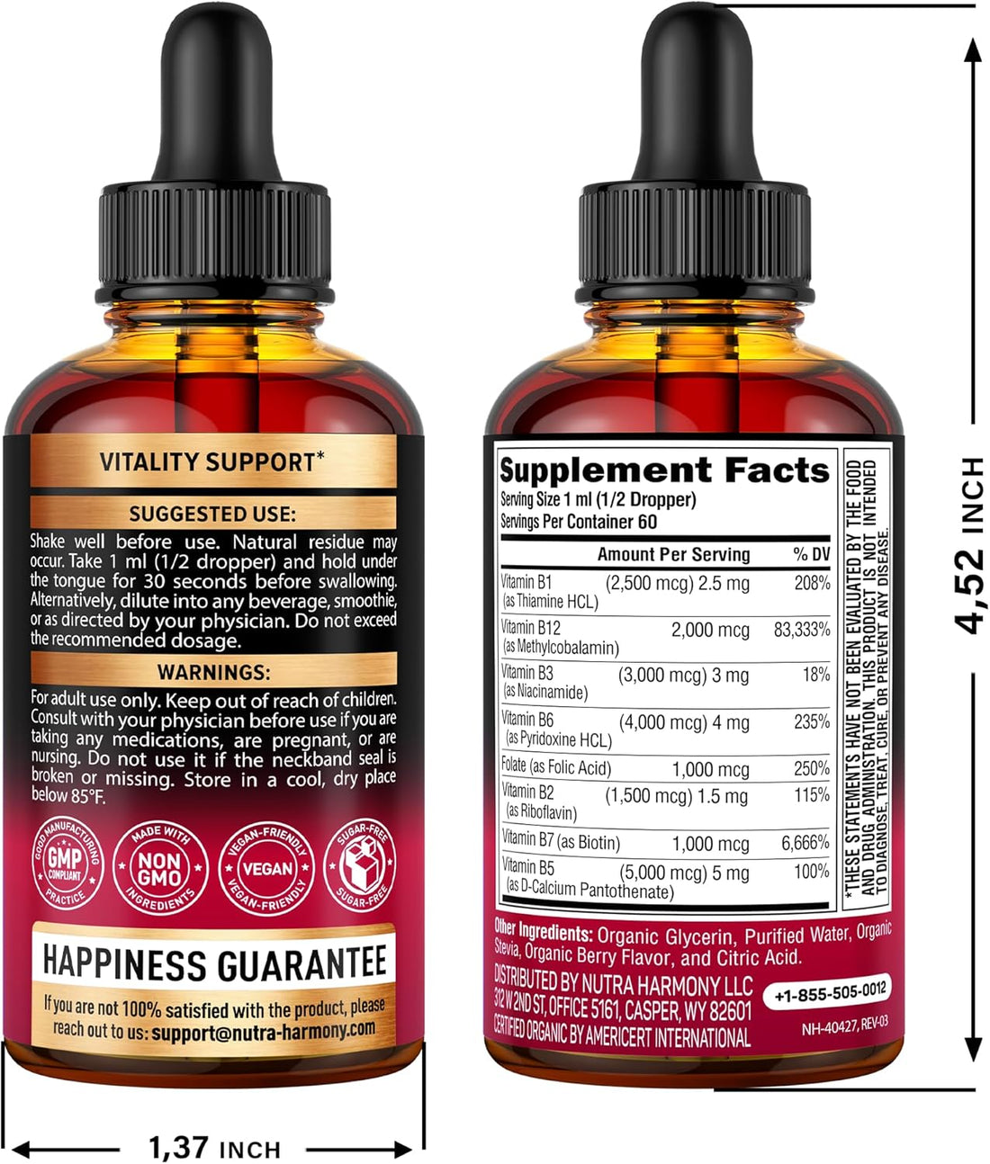 NUTRAHARMONY  USDA Organic Vitamin B-Complex B5 Pantothenic Acid | B12 Methylcobalamin | B1 Thiamine | B6 Pyridoxine | B7 Biotin | B9 Folic | B3 Niacinamide - B Complex Liquid Drops, Made in USA Supplement, 2Fl Oz