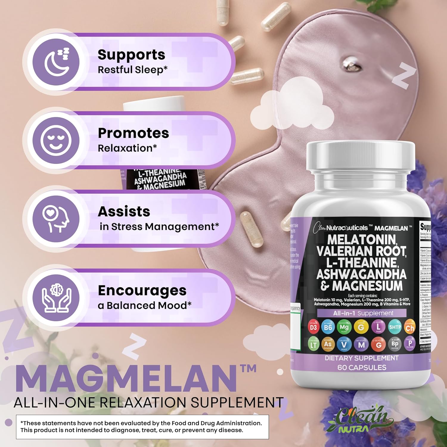 Melatonin 10Mg Valerian Root L Theanine 200Mg Ashwagandha - Sleep Support for Women & Men with Magnesium Complex, Lemon Balm, Chamomile, & Passion Flower - 60 Caps