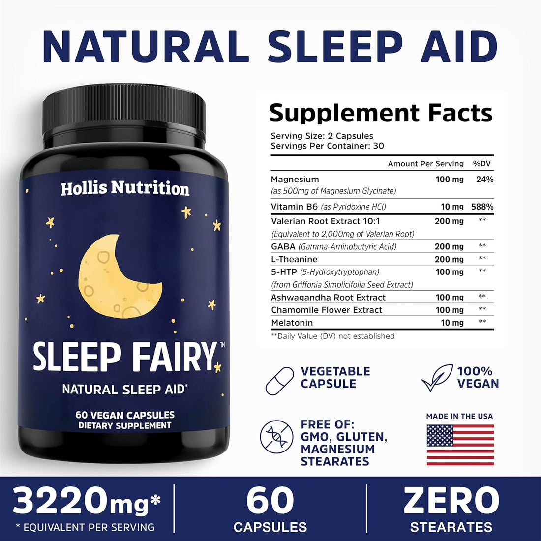 SLEEP FAIRY Natural Sleep Aid - 10mg Melatonin, 500mg Magnesium Glycinate, L-Theanine, B6, 5-HTP, GABA, Valerian Root & Ashwagandha | Herbal Sleep Supplement for Adults | Vegan | Made in USA