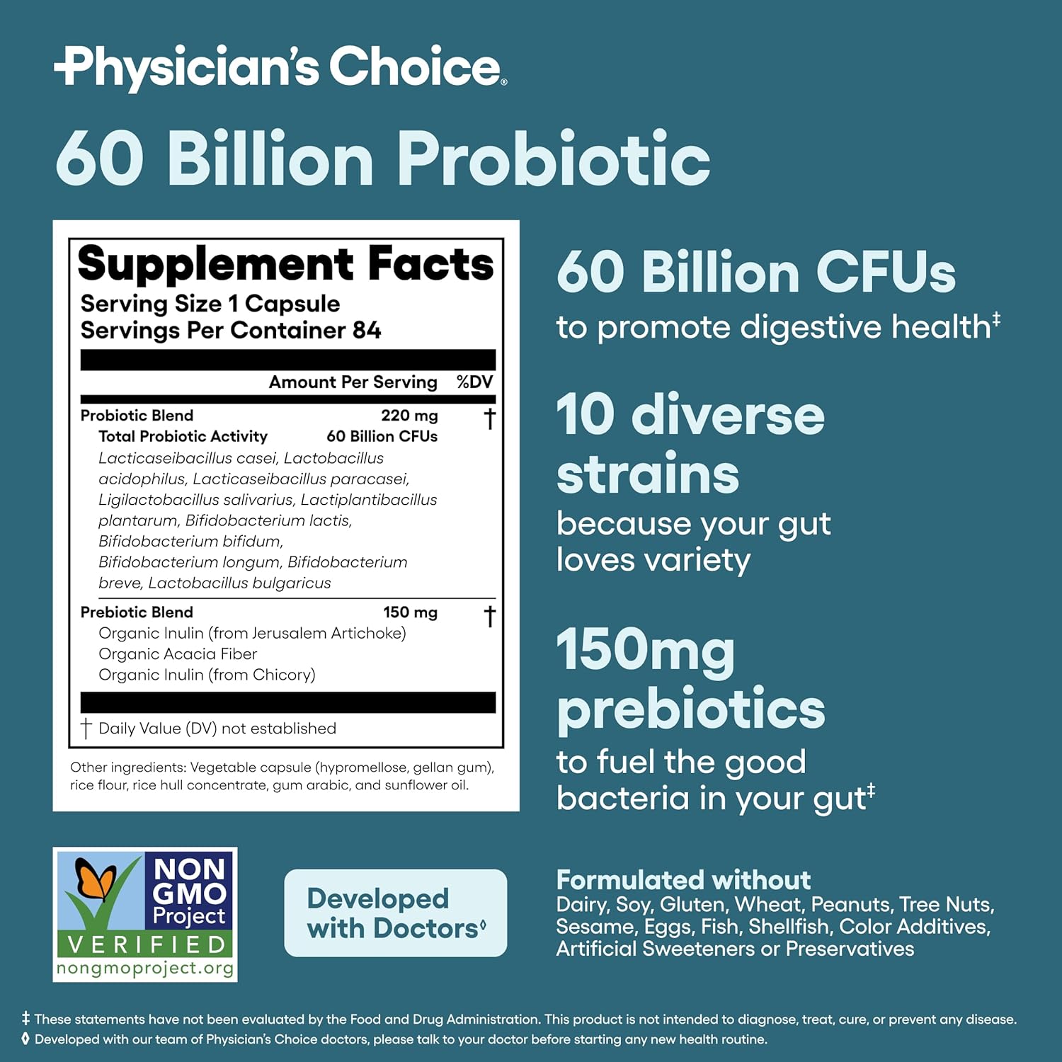 Physician's CHOICE Probiotics 60 Billion CFU - 10 Strains + Organic Prebiotics - Immune, Digestive & Gut Health - Supports Occasional Constipation, Diarrhea, Gas & Bloating - for Women & Men - 84Ct