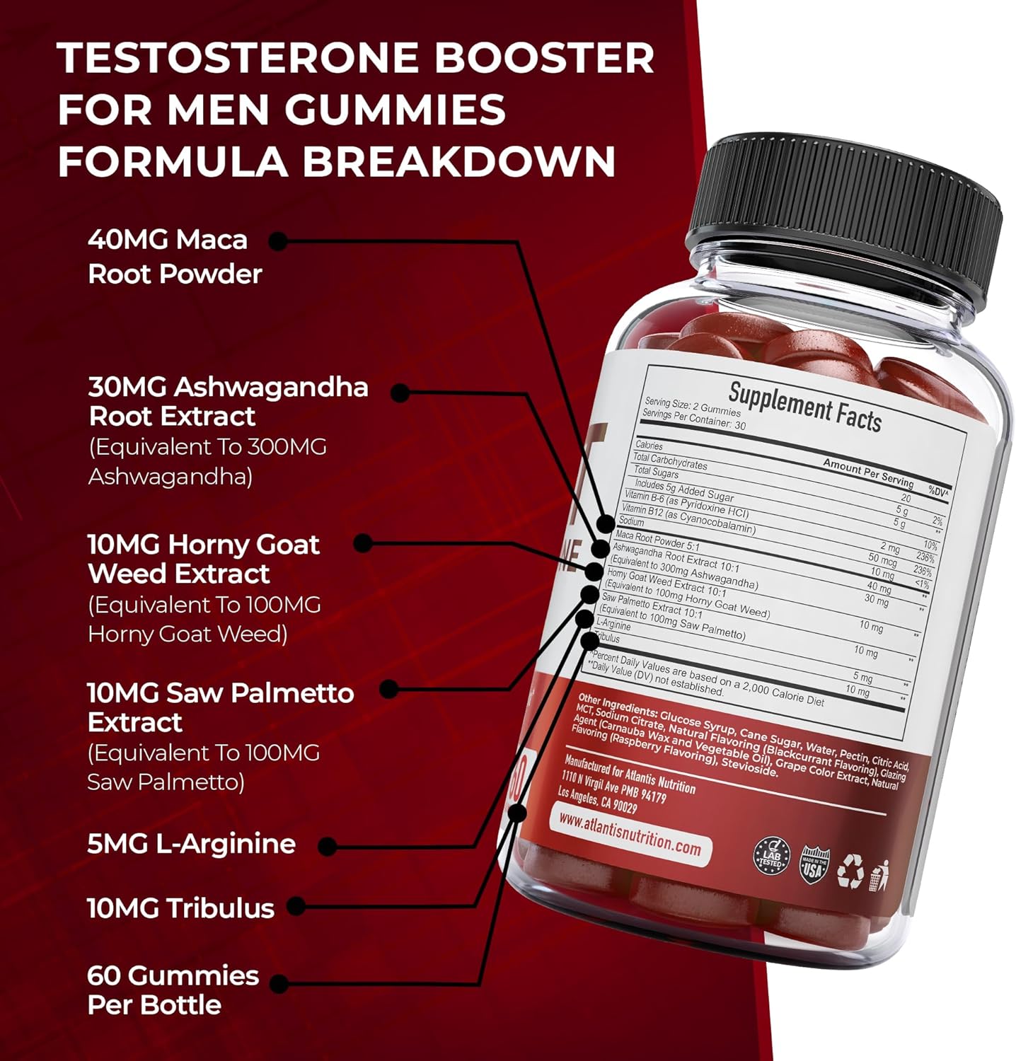 Testosterone Booster for Men Gummies - Male Enhancement, Boosts Energy, & Optimizes Physical Performance Formulated W/Tribulus, Horny Goat Weed, Saw Palmetto, Maca Root - 60 Gummies
