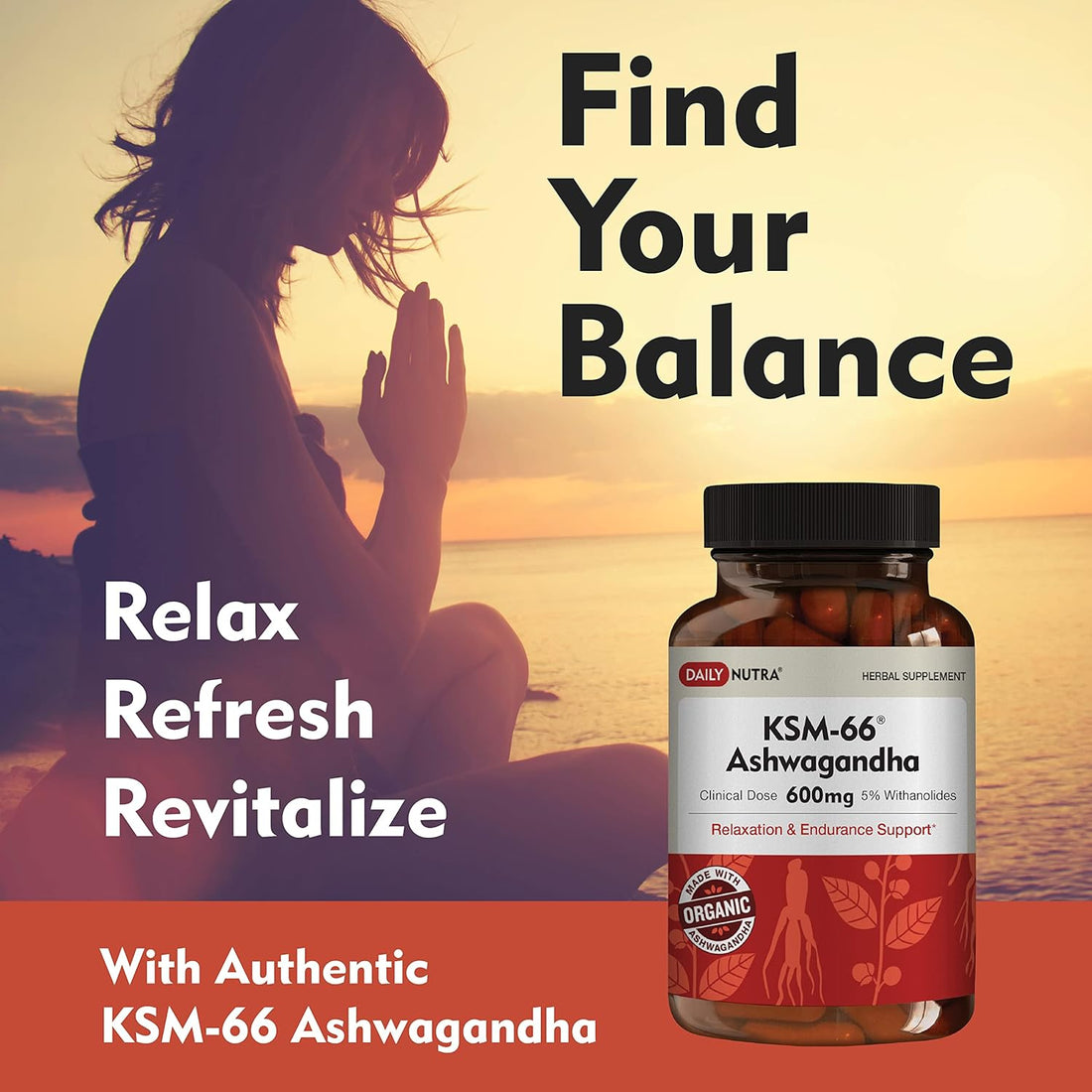 KSM-66 Ashwagandha 600Mg Organic Root Extract - High Potency Supplement with 5% Withanolides | Relieves Tiredness, Supports Relaxation, Focus, Energy, & Muscle Growth (60 Capsules)