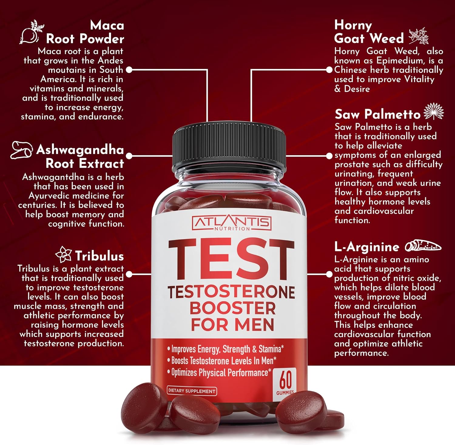 Testosterone Booster for Men Gummies - Male Enhancement, Boosts Energy, & Optimizes Physical Performance Formulated W/Tribulus, Horny Goat Weed, Saw Palmetto, Maca Root - 60 Gummies