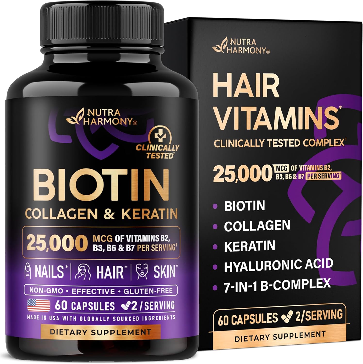 Biotin | Collagen | Keratin - Clinically Tested Supplement - Hair Growth Support, Skin & Nails - 25000 Mcg Vitamins B2, B3, B6 & B7 + B1 & Hyaluronic Acid - Made in USA - Women & Men | 60 Capsules