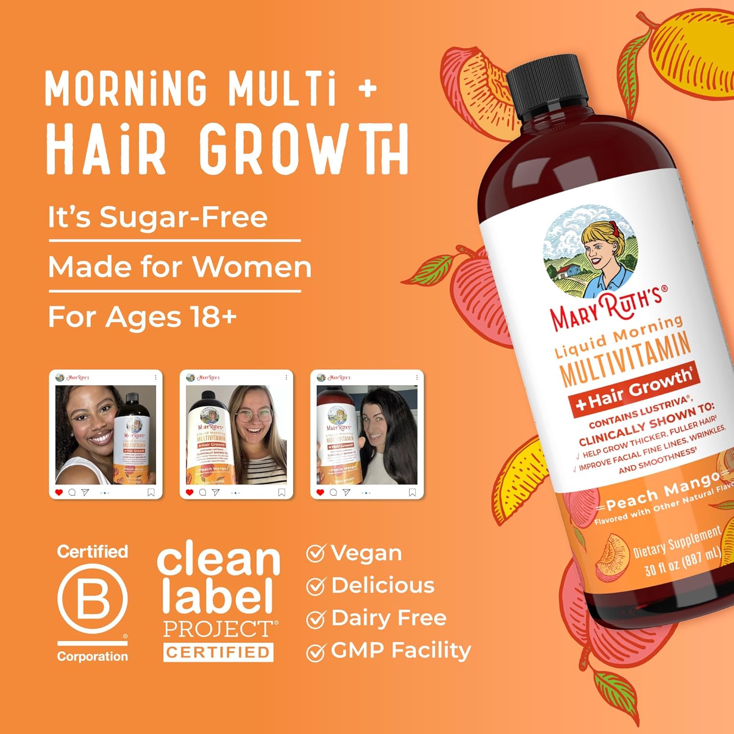 Maryruth'S Liquid Multivitamin + Hair Growth | Clinically Tested for Thicker Hair & Facial Wrinkles in Women | Biotin 10000Mcg | Lustriva Hair Growth Supplements | Skin Care | Ages 18+ | 30 Fl Oz
