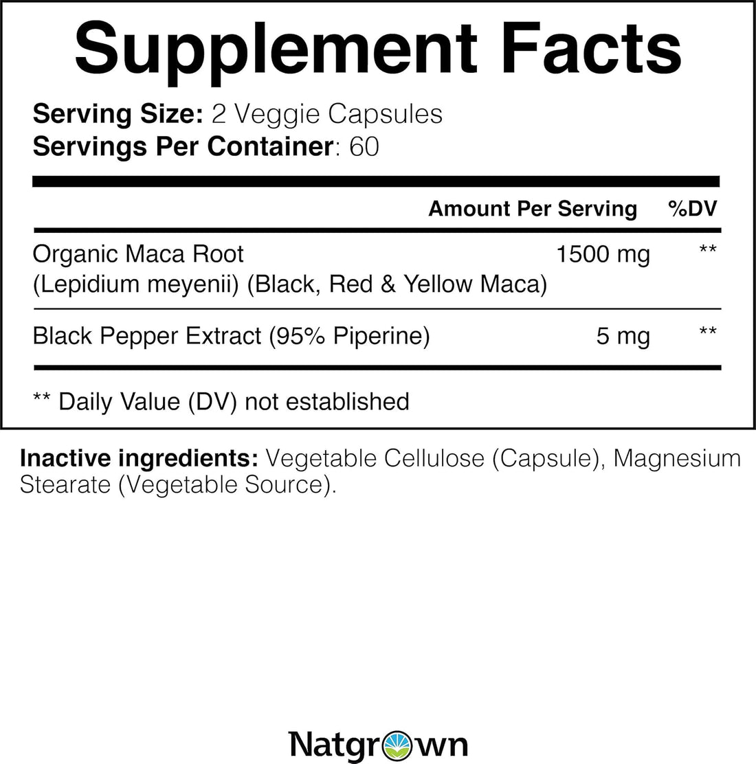 Natgrown  Organic Maca Root Powder Capsules 1500 Mg with Black + Red + Yellow Peruvian Maca Root Extract Supplement for Men and Women - Vegan Pills
