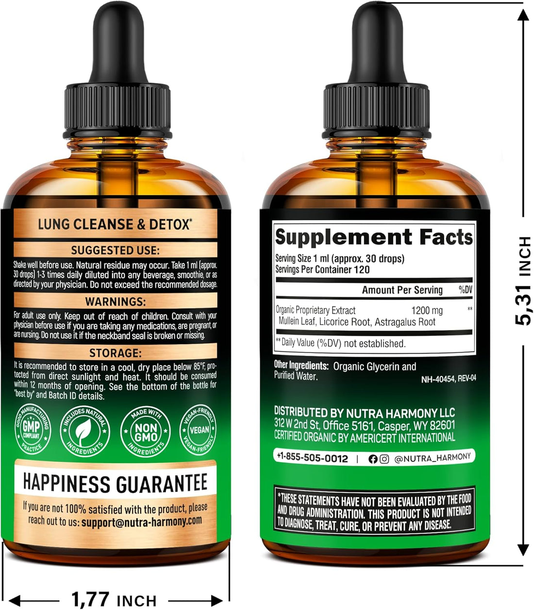 NUTRAHARMONY Mullein Drops for Lungs - USDA Organic Liquid - Mullein Leaf Extract Supplement - Made in USA - Lung & Bronchial Cleanse for Smokers - Respiratory Health Support - as Tincture, Tea, Pills - 4 Fl Oz