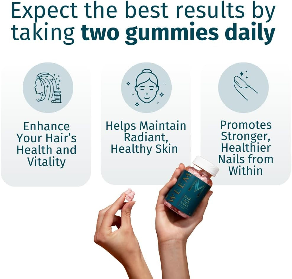 WEEM Hair Skin and Nails Gummies - Supports Healthy Hair - Vegan Biotin Vitamins for Women & Men Supports Faster Hair Growth, Stronger Nails, Healthy Skin, Extra Strength (1)