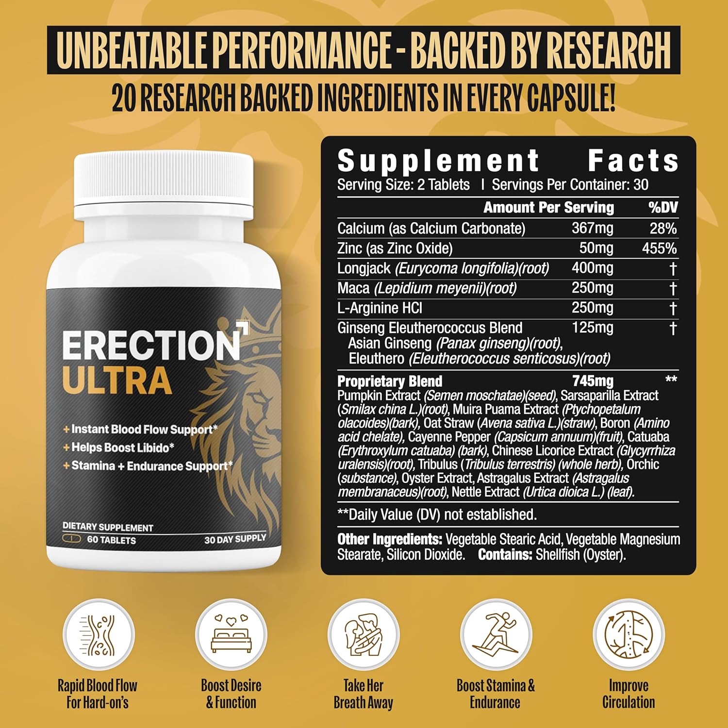 Erect Ultra | Performance Pills for Men Fast Acting Blood Flow & Enhanced Circulation, Stamina, Girth and Hardness | Helps Achieve & Sustain Hard On'S | 20 Research Backed Ingredients - 60 Tablets