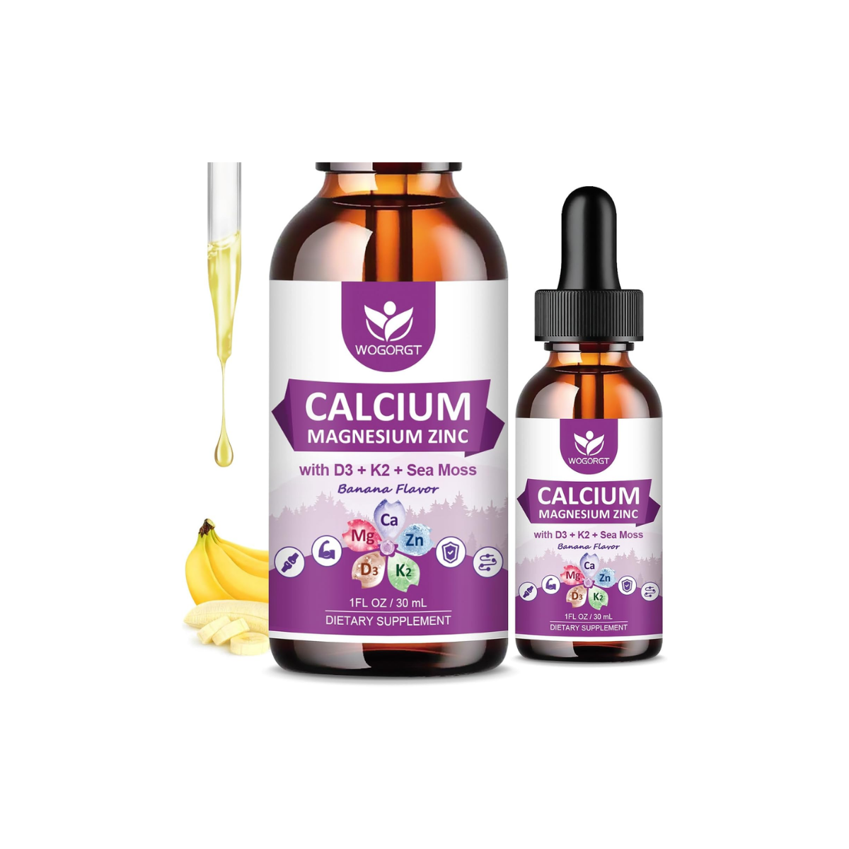 Calcium Magnesium Zinc Liquid Drops with Vitamin D3 K2, Sea Moss Extract (2 Pack)