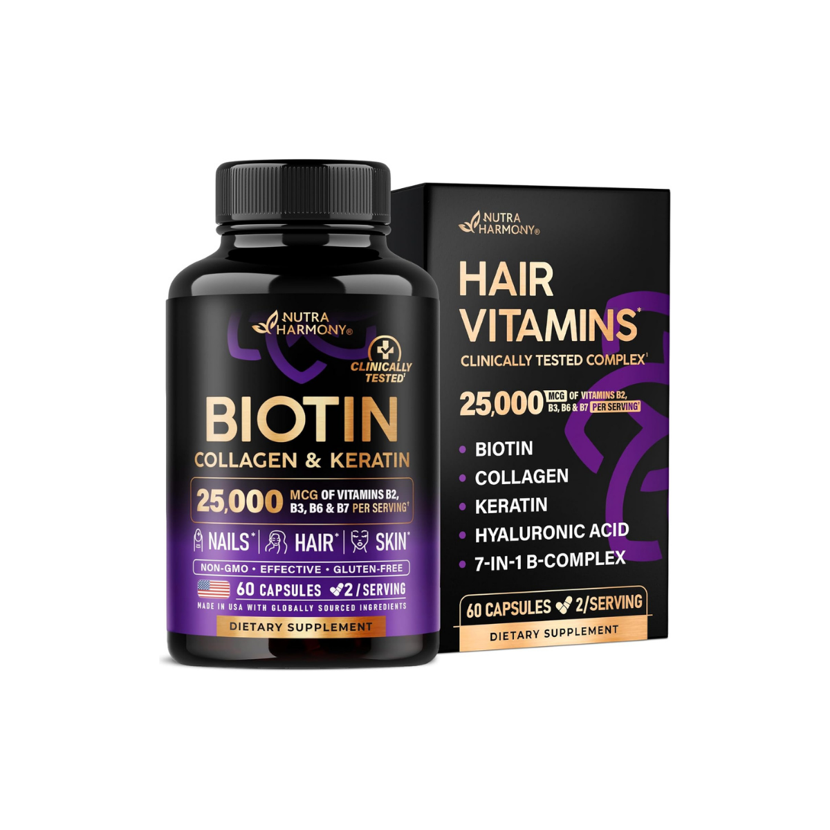 Biotin | Collagen | Keratin - Clinically Tested Supplement - Hair Growth Support, Skin & Nails - 25000 Mcg Vitamins B2, B3, B6 & B7 + B1 60 Capsules