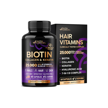 Biotin | Collagen | Keratin - Clinically Tested Supplement - Hair Growth Support, Skin & Nails - 25000 Mcg Vitamins B2, B3, B6 & B7 + B1 60 Capsules