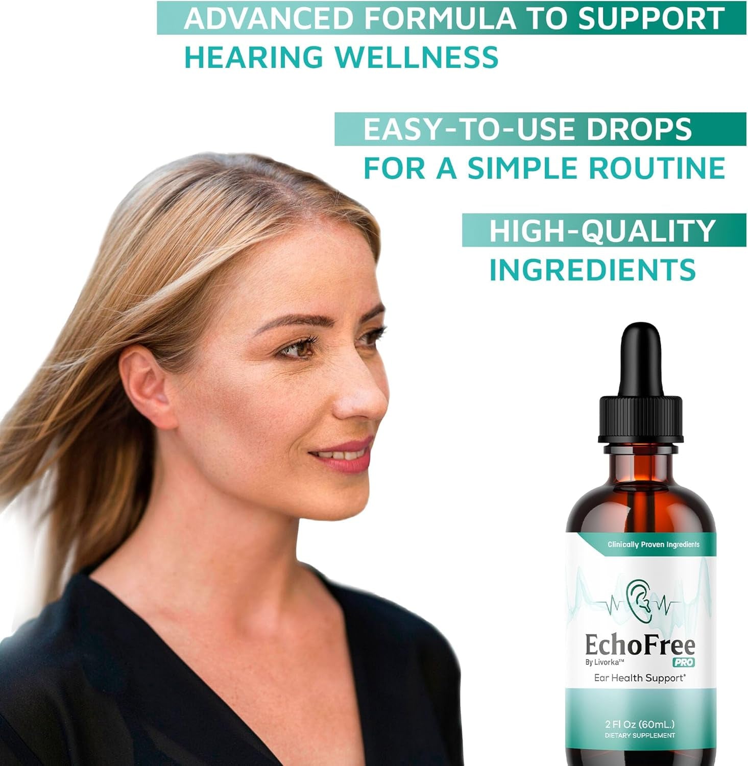 Echo Free Drops - Natural Support, Echofree Pro Ear Health Support Supplement Liquid Drop, Ecofree Pro Healthy Ear Vitamin Premium, Eco Free Pro Drops Formula Reviews, 1 Bottle for 1 Month